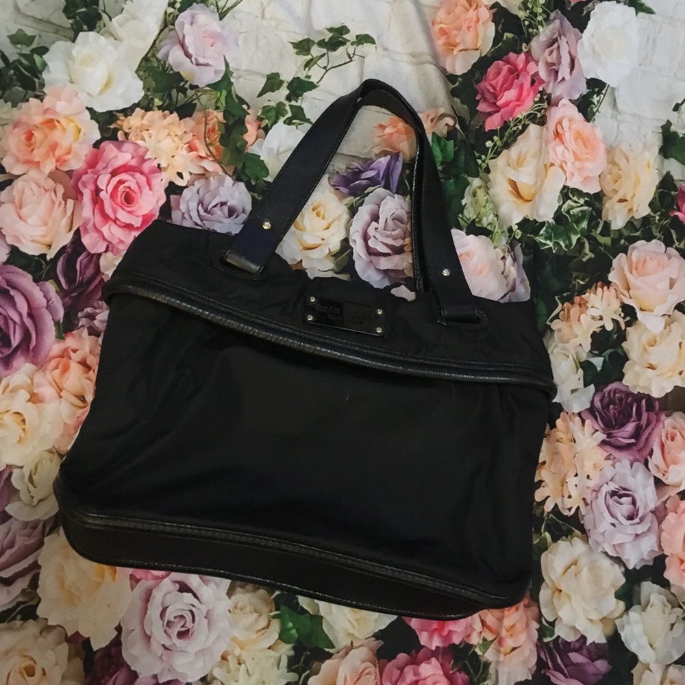Kate Spade Black Short handle leather straps on nylon bag flipped hem purse